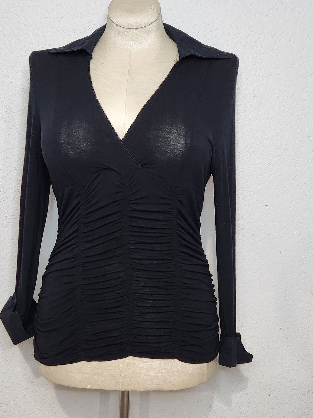 INC International Concepts Black Ruched V-Neck Long Sleeve Top